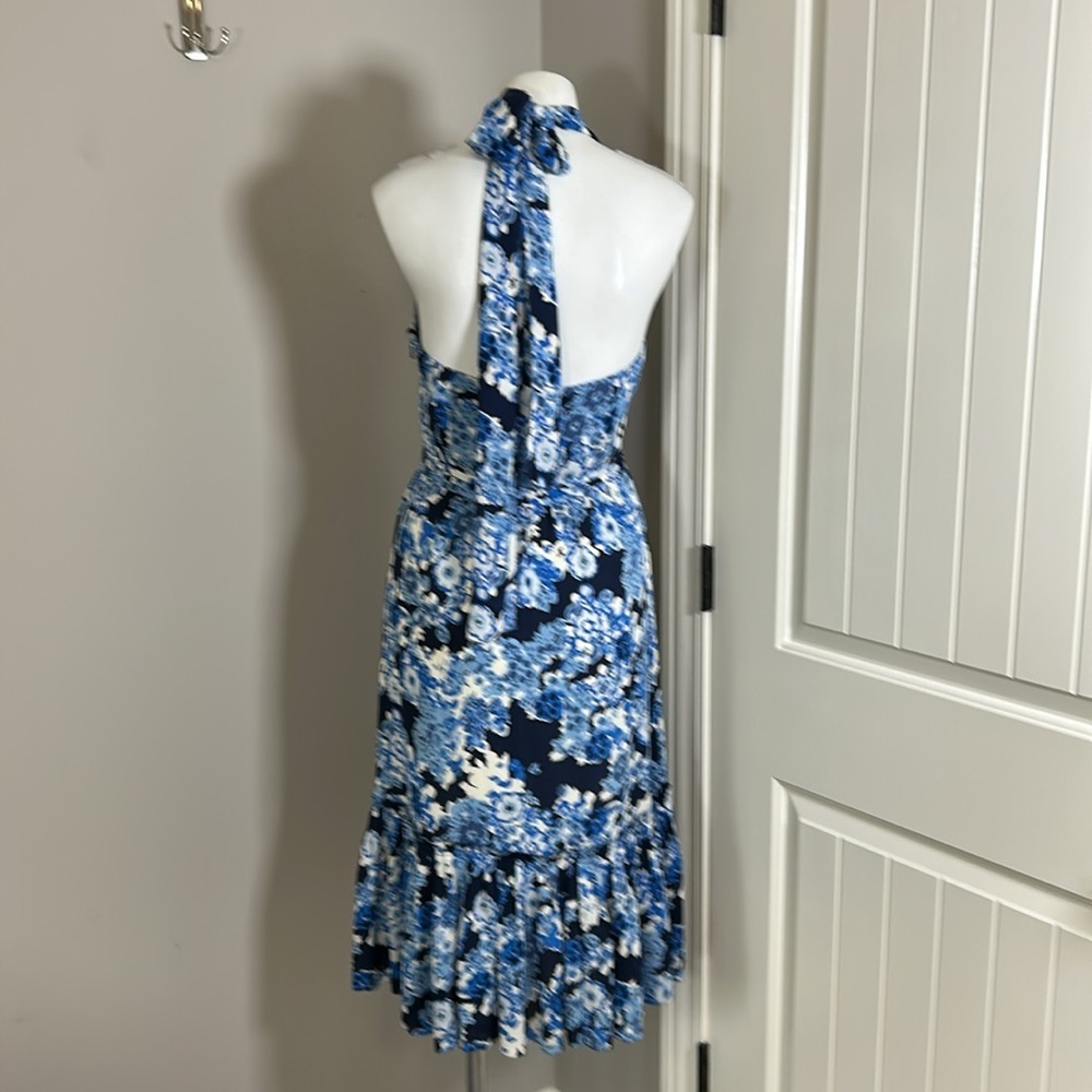 Tory Burch Silk Halter Neck Midi Dress Blue Floral Side Zip Pleated Sz 4 - Picture 8 of 16